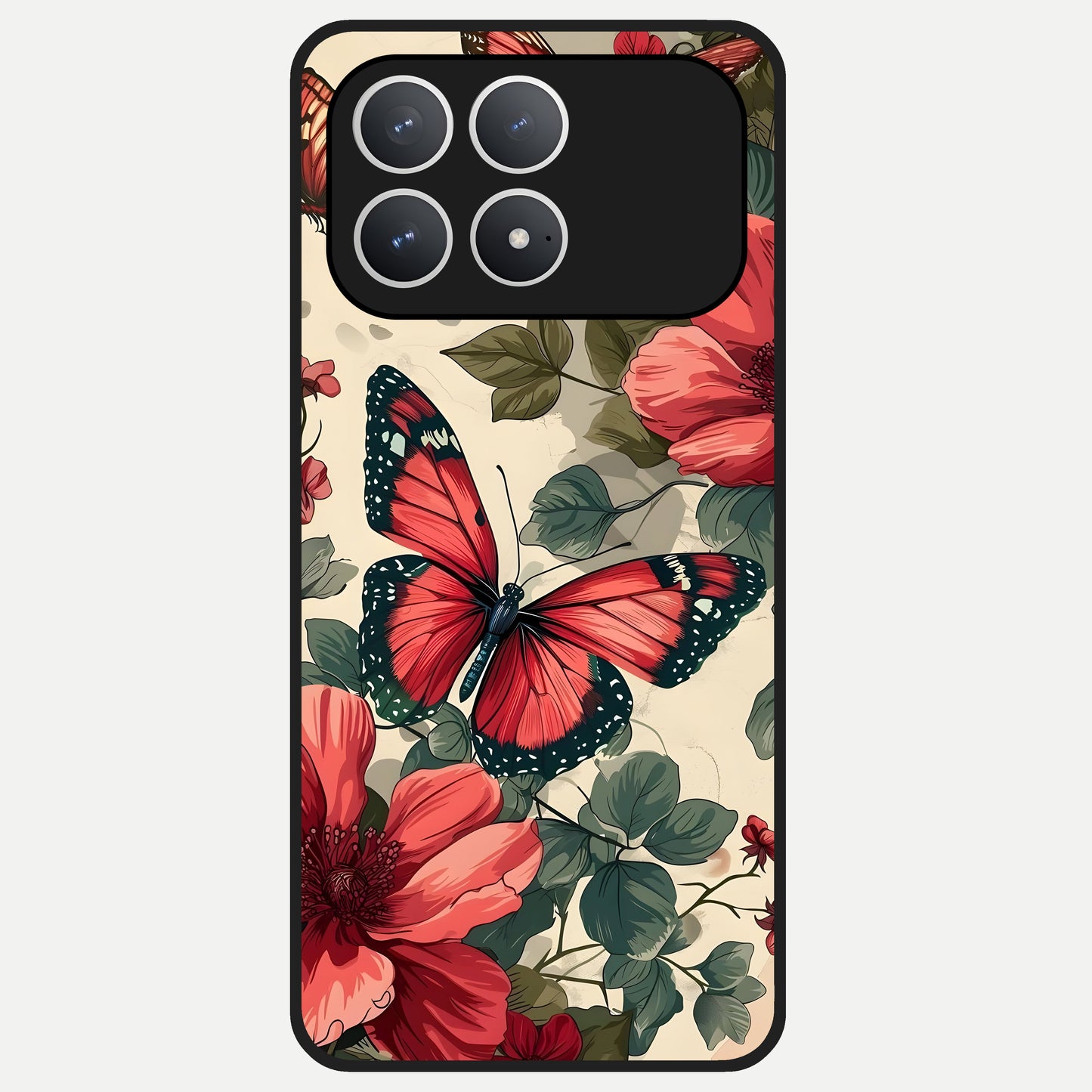  Crimson Butterfly Garden Glass Case For Poco F8 Pro back cover – full design glossy printed glass finish