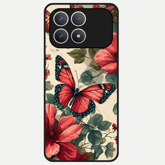  Crimson Butterfly Garden Glass Case For Poco F8 Pro back cover – full design glossy printed glass finish