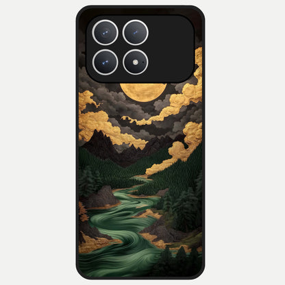  Golden River Moon Glass Case For Poco F8 Pro back cover – full design glossy printed glass finish