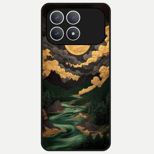  Golden River Moon Glass Case For Poco F8 Pro back cover – full design glossy printed glass finish