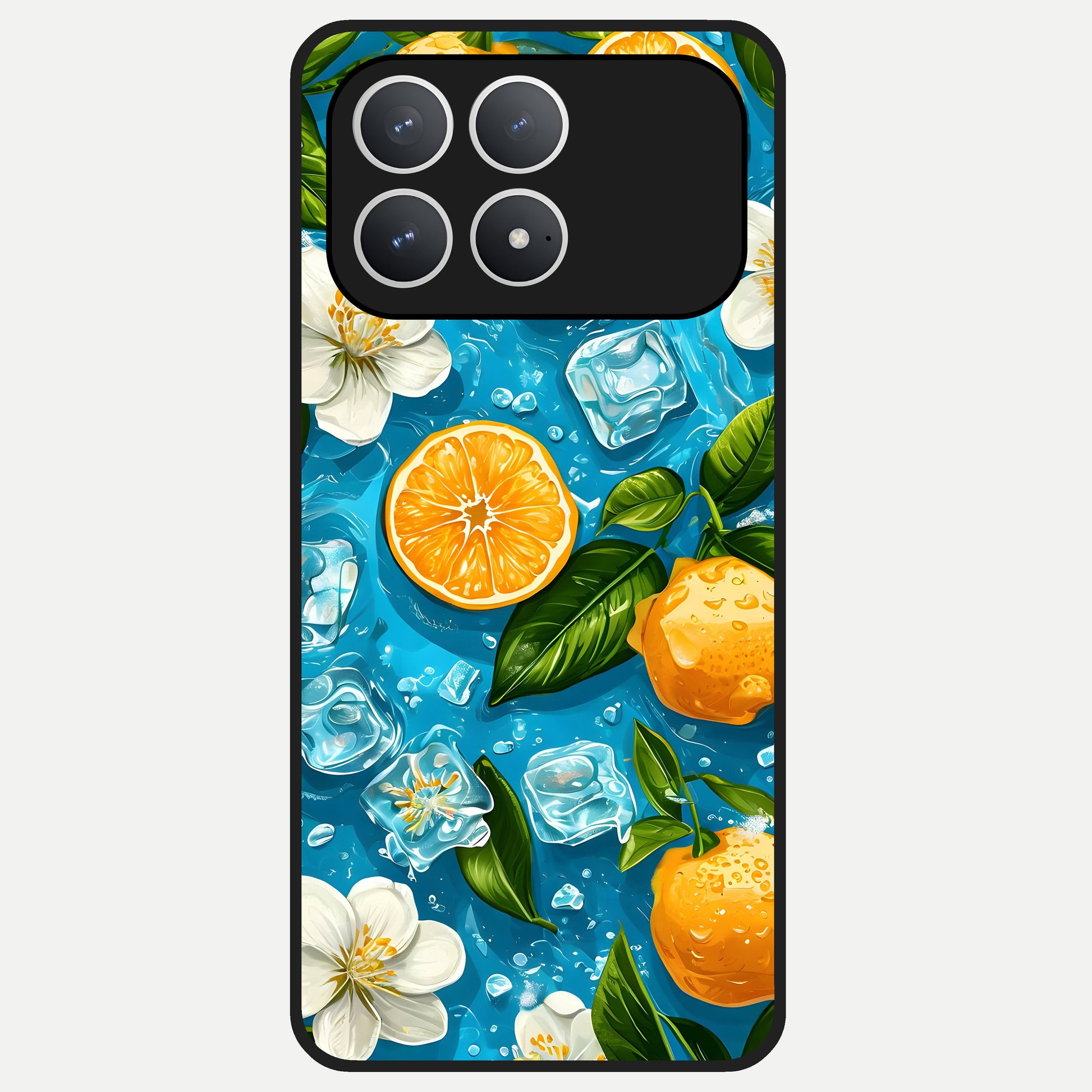 Ice Cube With Orange Glass Case For Poco F8 Pro back cover – full design glossy printed glass finish