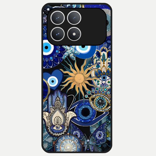 Mystic Blue Evil Eye Glass Case For Poco F8 Pro back cover – full design glossy printed glass finish
