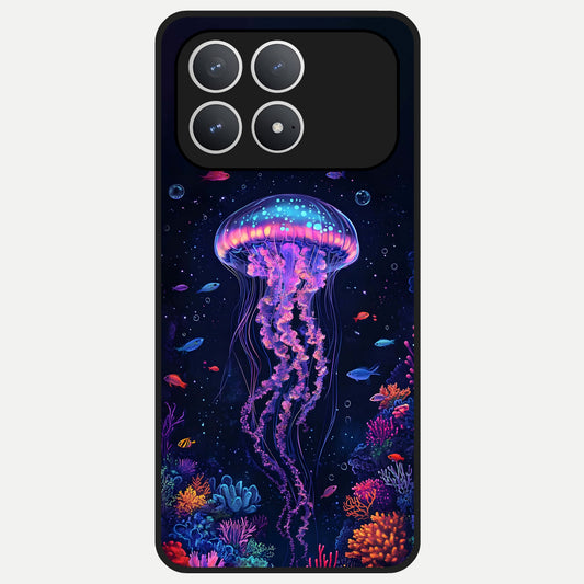  Neon Jellyfish Glass Case For Poco F8 Pro back cover – full design glossy printed glass finish