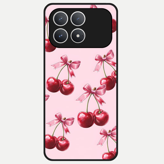  Red Cherries Pattern Glass Case For Poco F8 Pro back cover – full design glossy printed glass finish