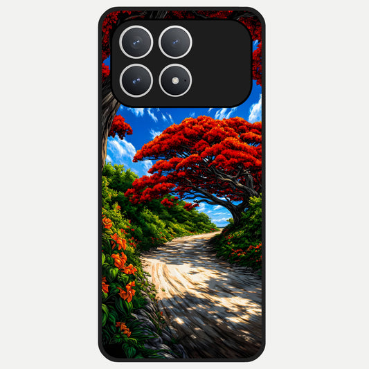  Red Trees Pathway Glass Case For Poco F8 Pro back cover – full design glossy printed glass finish