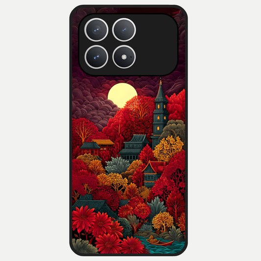  Scarlet Autumn Temple Glass Case For Poco F8 Pro back cover – full design glossy printed glass finish