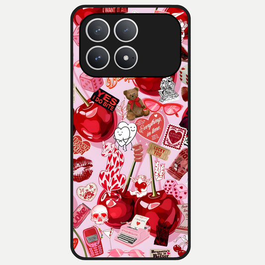  Sweet Cherry Chaos Glass Case For Poco F8 Pro back cover – full design glossy printed glass finish