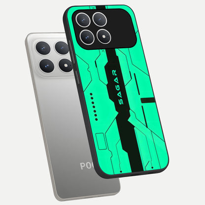  Aqua Tech CYBERPUNK Custom Name phone case For Poco F8 Pro showing premium glass back cover with detailed artwork