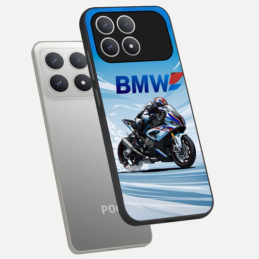  BMW Power Drift phone case For Poco F8 Pro showing premium glass back cover with detailed artwork