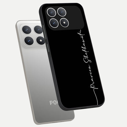  Black Tune Custom Name phone case For Poco F8 Pro showing premium glass back cover with detailed artwork
