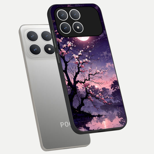  Blossom Pink Moon phone case For Poco F8 Pro showing premium glass back cover with detailed artwork