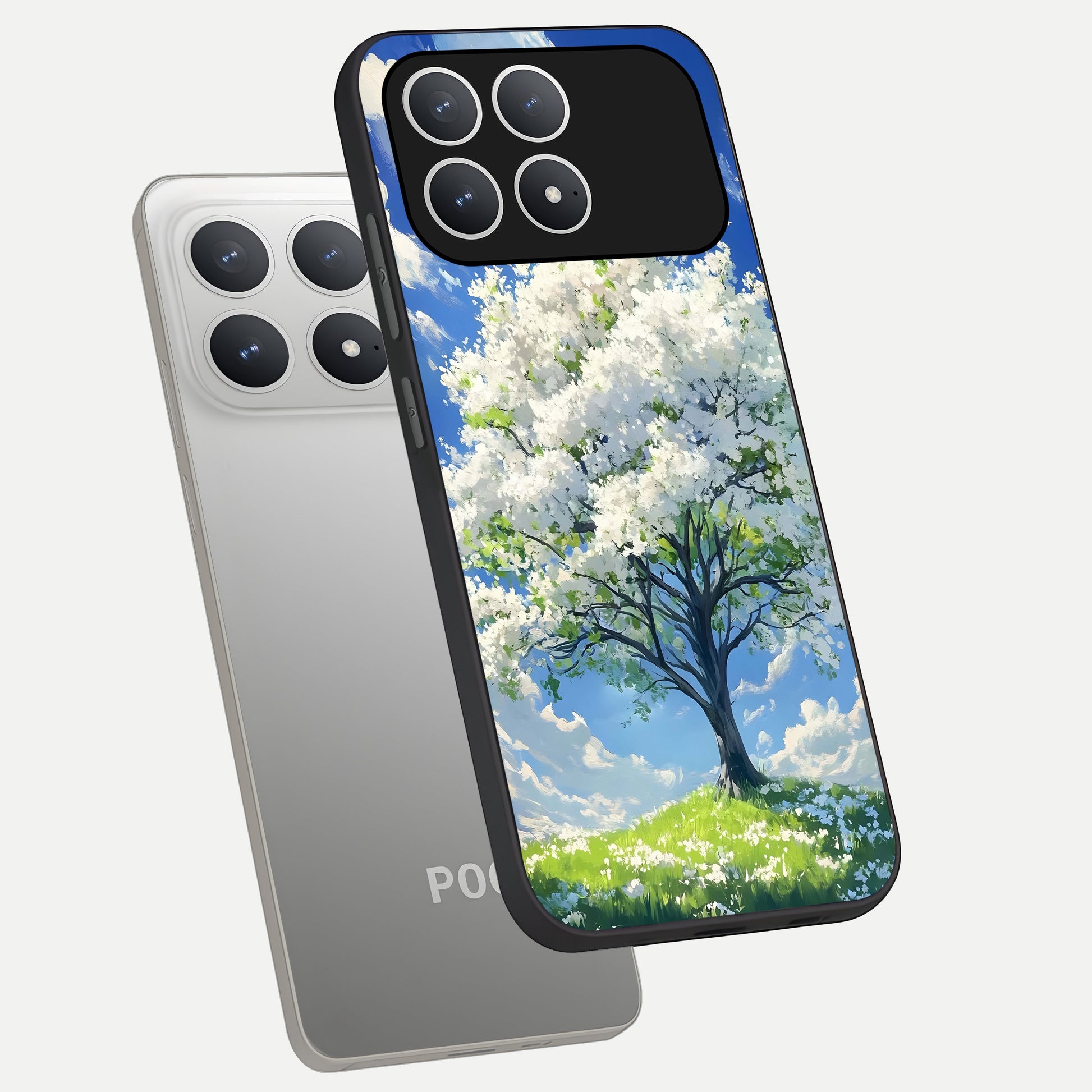  Blossom Sky Serenity phone case For Poco F8 Pro showing premium glass back cover with detailed artwork