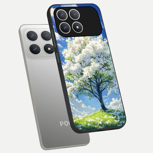  Blossom Sky Serenity phone case For Poco F8 Pro showing premium glass back cover with detailed artwork