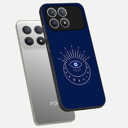  Blue Evil Eye phone case For Poco F8 Pro showing premium glass back cover with detailed artwork