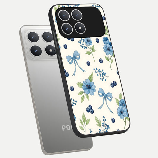  Blue Flower And Bow phone case For Poco F8 Pro showing premium glass back cover with detailed artwork