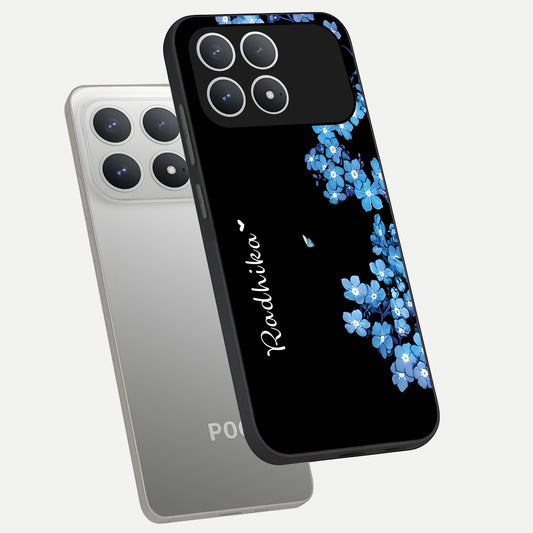  Blue Petal Dream Custom Name phone case For Poco F8 Pro showing premium glass back cover with detailed artwork