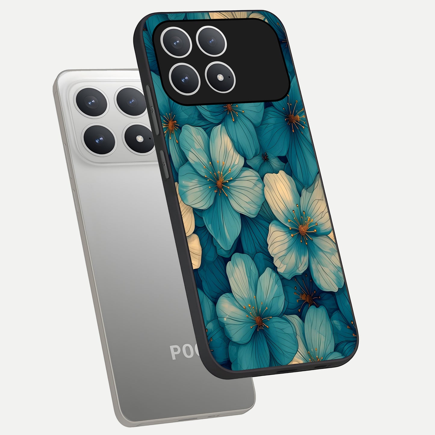  Blue Shade Floral phone case For Poco F8 Pro showing premium glass back cover with detailed artwork