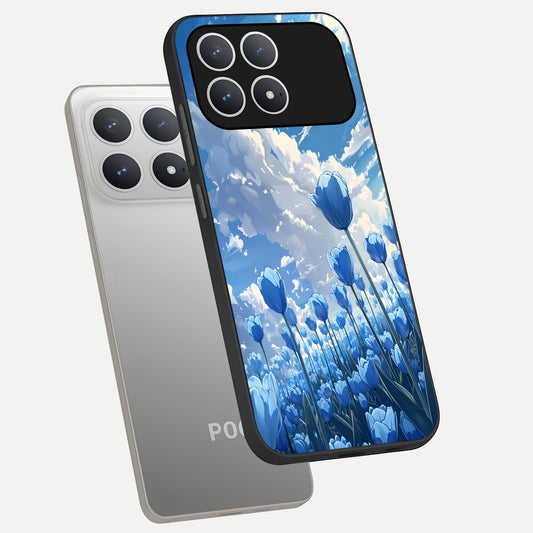  Blue Tulip Clouds phone case For Poco F8 Pro showing premium glass back cover with detailed artwork