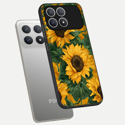  Bright Sunflower Bloom phone case For Poco F8 Pro showing premium glass back cover with detailed artwork