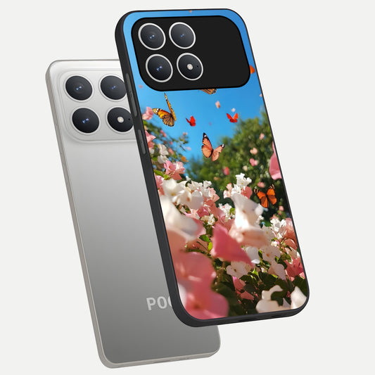  Butterflies In Bloom Sky phone case For Poco F8 Pro showing premium glass back cover with detailed artwork