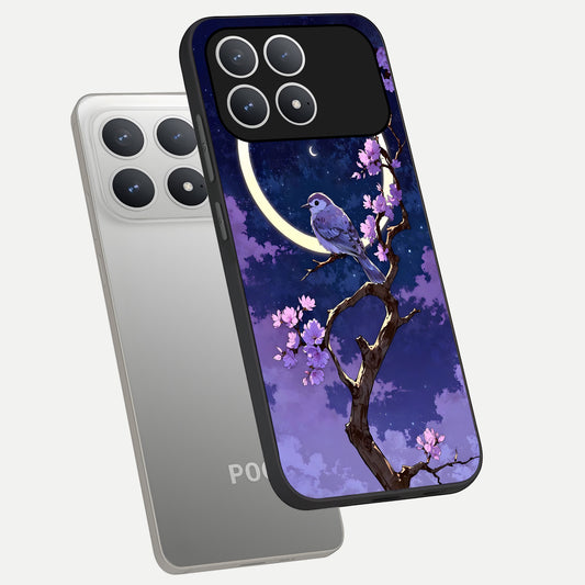  Celestial Bird Blossom phone case For Poco F8 Pro showing premium glass back cover with detailed artwork