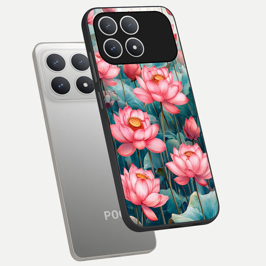  Celestial Pink Lotus phone case For Poco F8 Pro showing premium glass back cover with detailed artwork