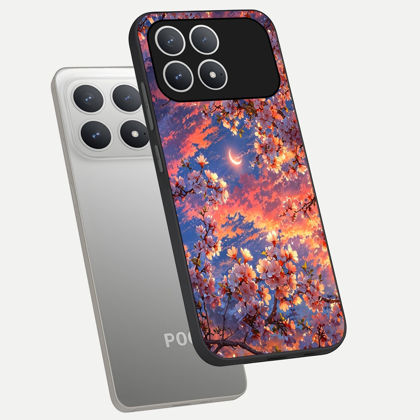  Celestial Sakura Sunset phone case For Poco F8 Pro showing premium glass back cover with detailed artwork