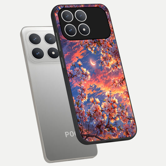  Celestial Sakura Sunset phone case For Poco F8 Pro showing premium glass back cover with detailed artwork