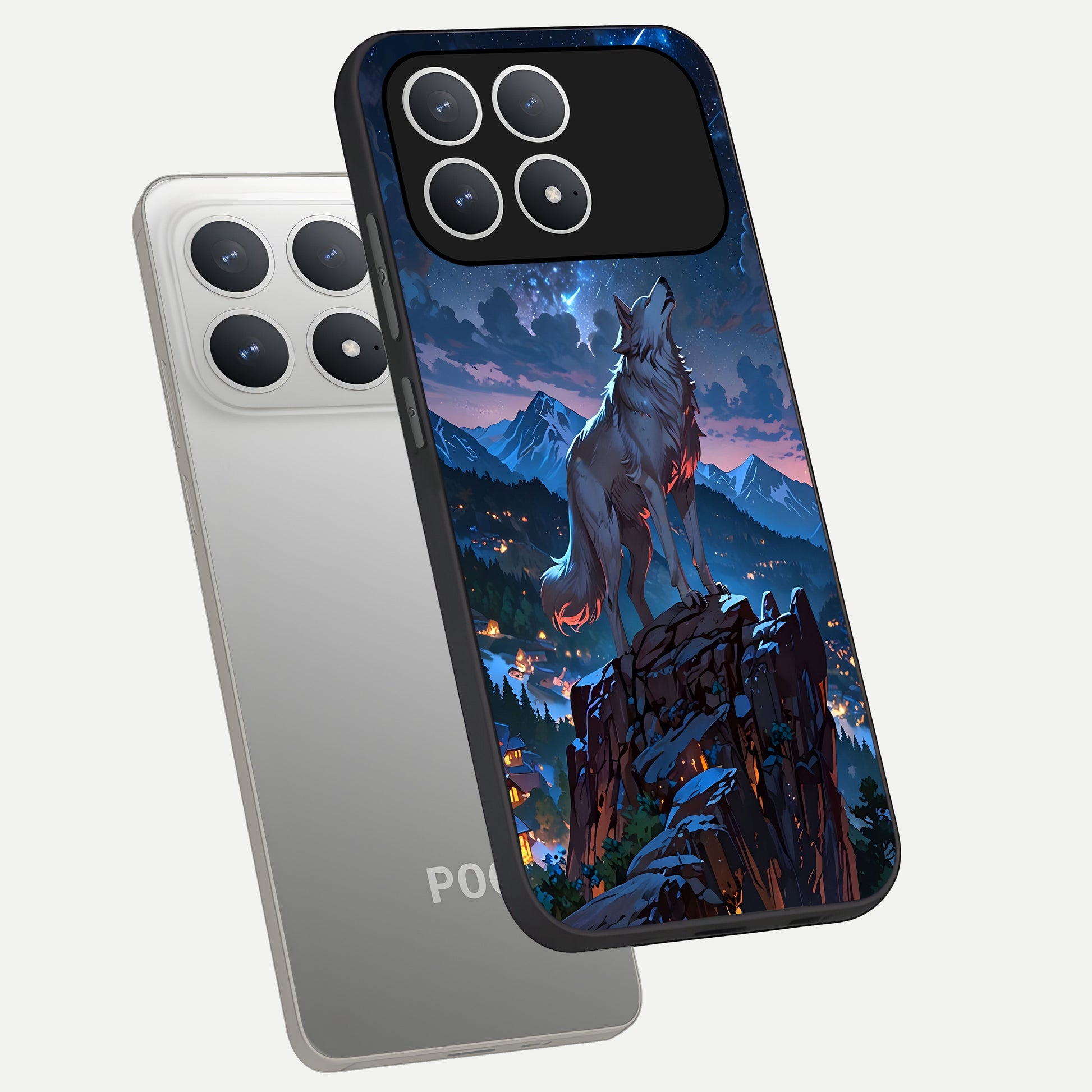  Celestial Wolf Howl phone case For Poco F8 Pro showing premium glass back cover with detailed artwork