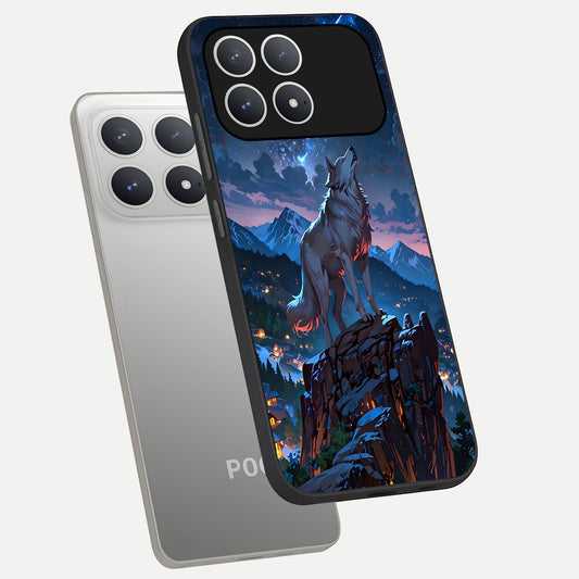  Celestial Wolf Howl phone case For Poco F8 Pro showing premium glass back cover with detailed artwork