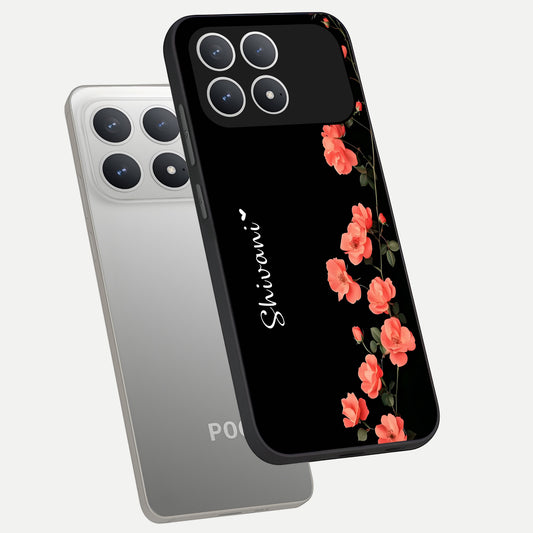  Crimson Bloom Grace Custom Name phone case For Poco F8 Pro showing premium glass back cover with detailed artwork