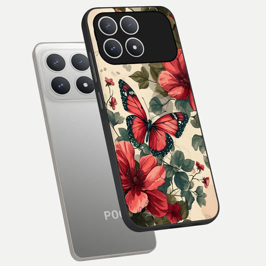  Crimson Butterfly Garden phone case For Poco F8 Pro showing premium glass back cover with detailed artwork