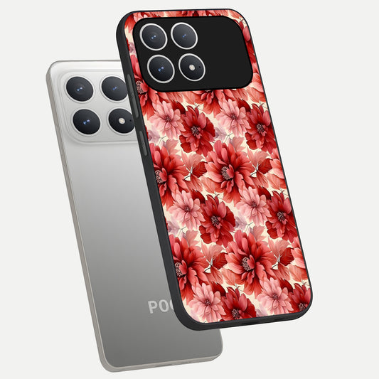  Crimson Love Petals phone case For Poco F8 Pro showing premium glass back cover with detailed artwork