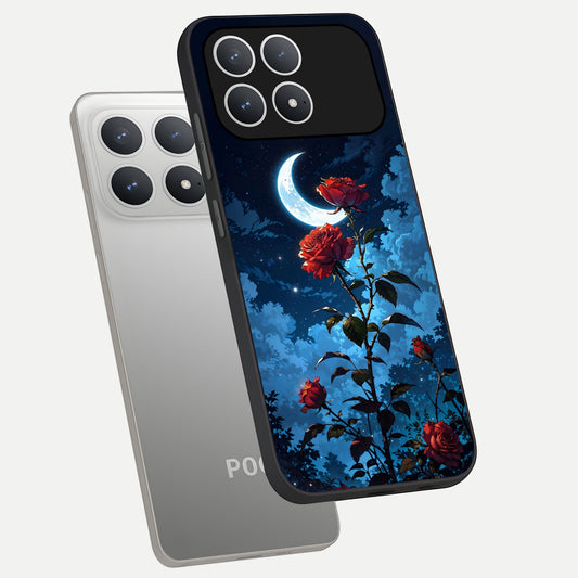  Crimson Rose Moon phone case For Poco F8 Pro showing premium glass back cover with detailed artwork