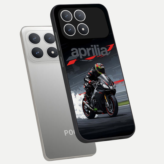  Dark Aprilla phone case For Poco F8 Pro showing premium glass back cover with detailed artwork