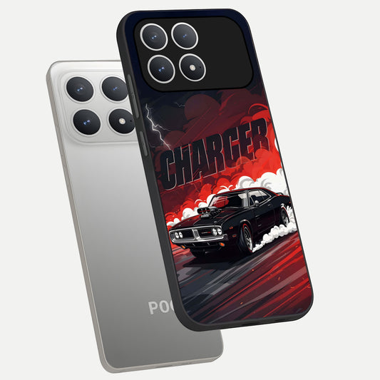  Dark Charger Fury phone case For Poco F8 Pro showing premium glass back cover with detailed artwork