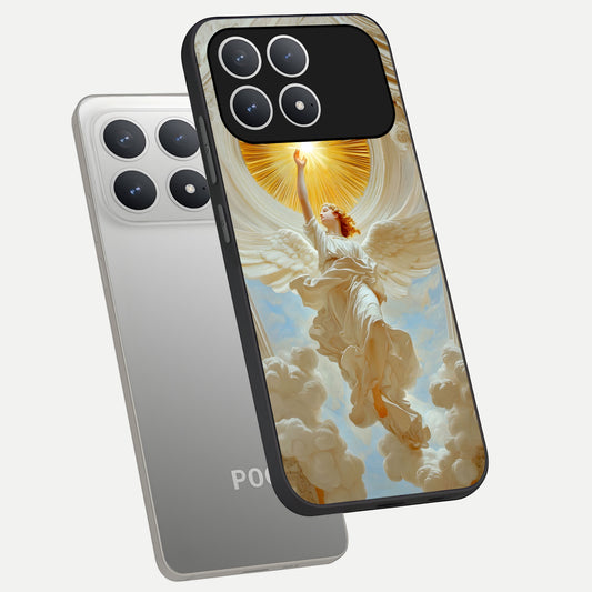  Divine Light Angel phone case For Poco F8 Pro showing premium glass back cover with detailed artwork