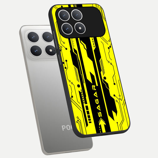  Electric Pulse CYBERPUNK Custom Name phone case For Poco F8 Pro showing premium glass back cover with detailed artwork
