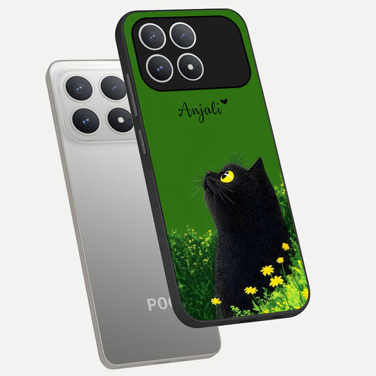  Emerald Cat Custom Name phone case For Poco F8 Pro showing premium glass back cover with detailed artwork