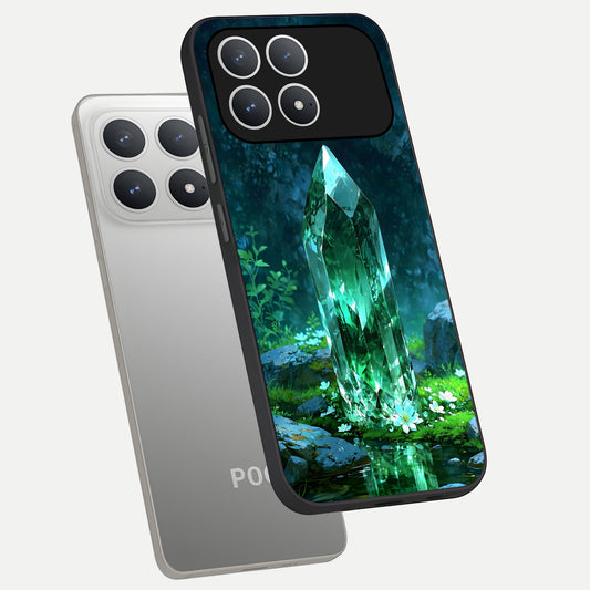  Emerald Light Crystal phone case For Poco F8 Pro showing premium glass back cover with detailed artwork