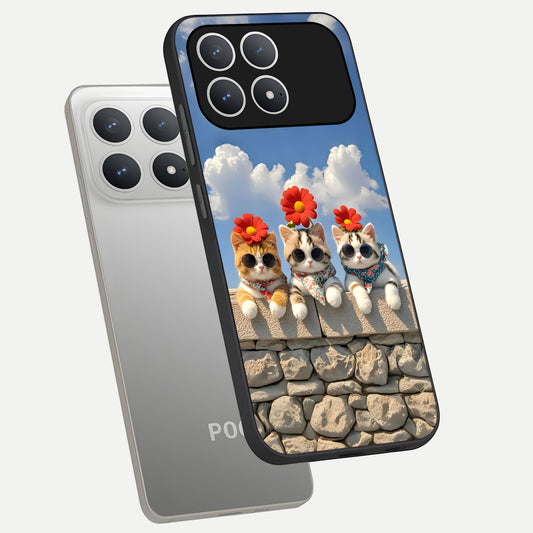  Floral Kitty Squad phone case For Poco F8 Pro showing premium glass back cover with detailed artwork