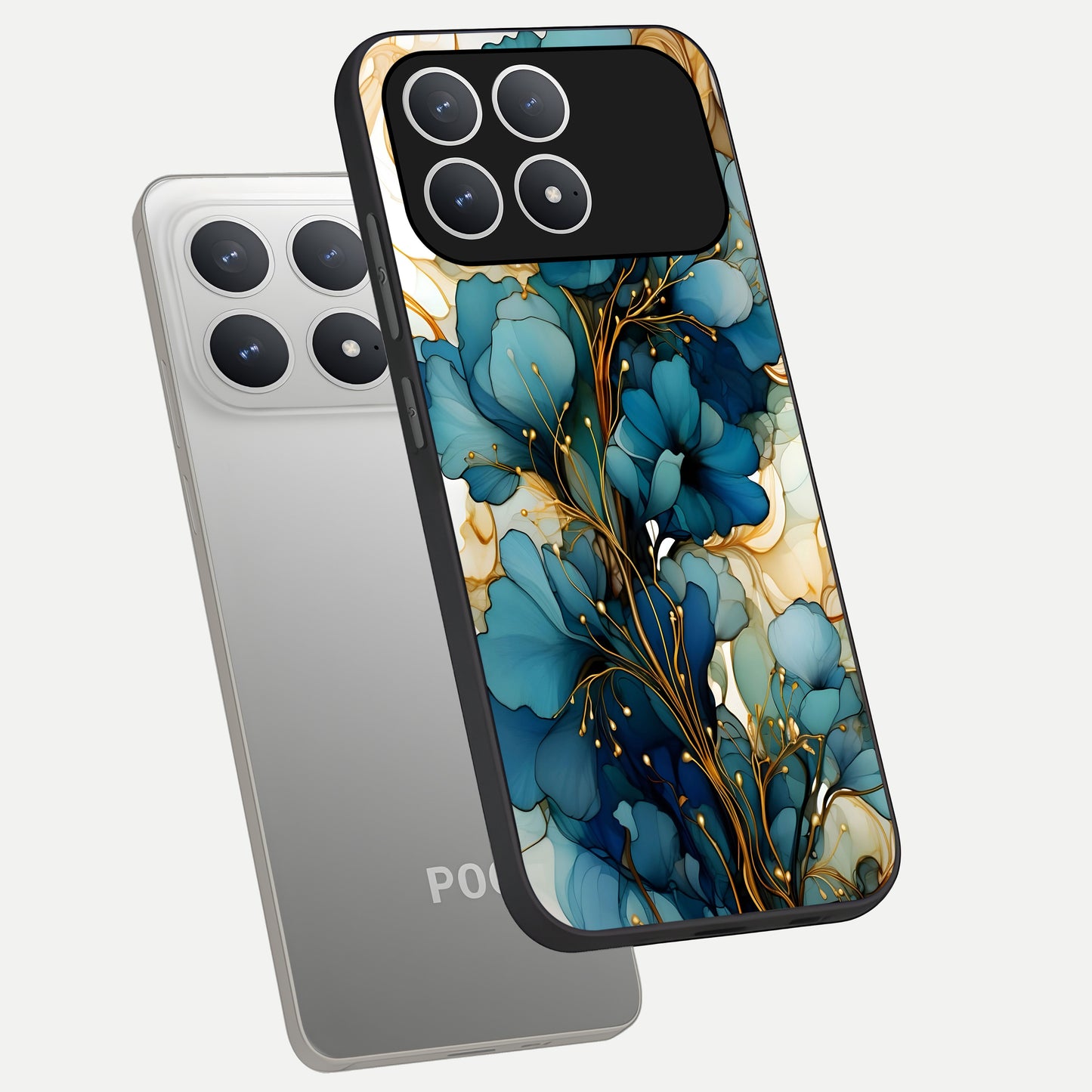  Golden Bloom Symphony phone case For Poco F8 Pro showing premium glass back cover with detailed artwork