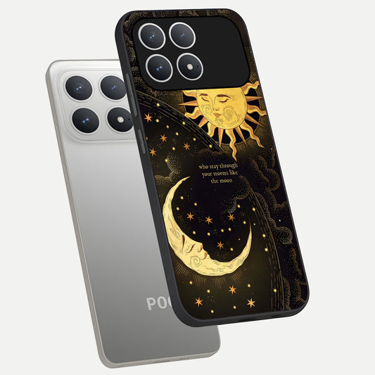  Golden Lunar Love phone case For Poco F8 Pro showing premium glass back cover with detailed artwork