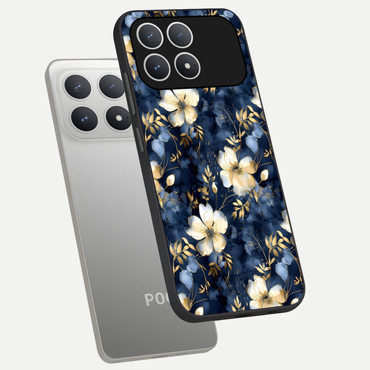  Golden Midnight Bloom phone case For Poco F8 Pro showing premium glass back cover with detailed artwork