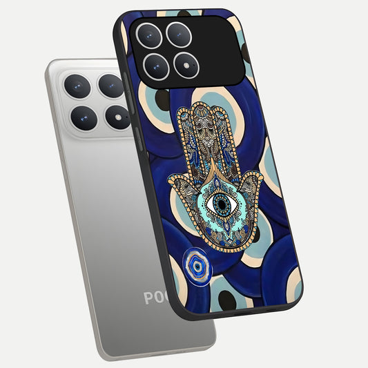  Hamsa Divine Guard phone case For Poco F8 Pro showing premium glass back cover with detailed artwork