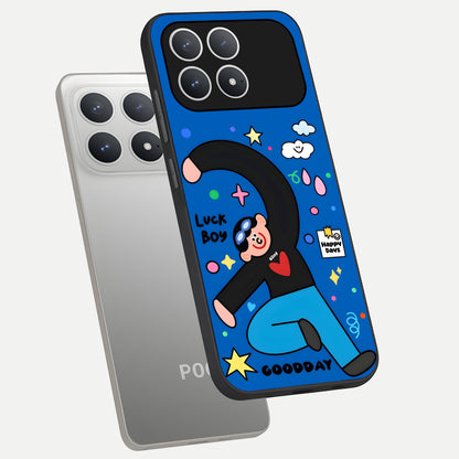 Happy Luck Vibe phone case For Poco F8 Pro showing premium glass back cover with detailed artwork