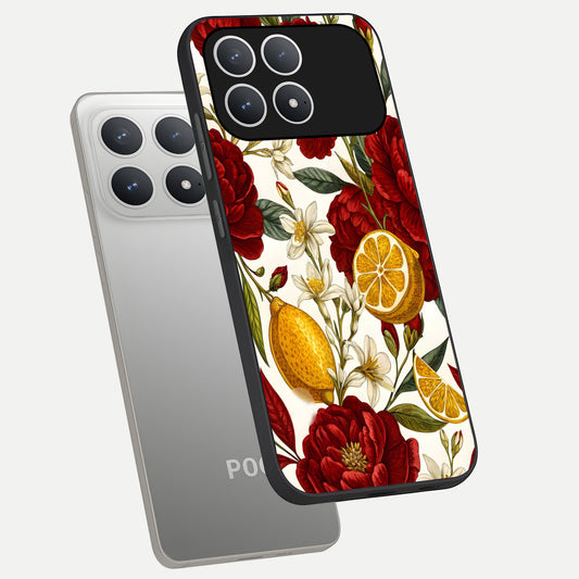  Lemon Rose Charm phone case For Poco F8 Pro showing premium glass back cover with detailed artwork
