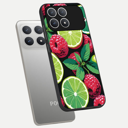  Lime and Raspberry Pattern phone case For Poco F8 Pro showing premium glass back cover with detailed artwork