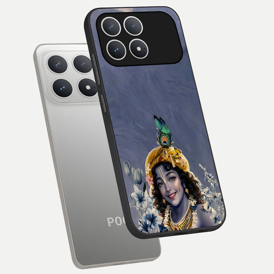  Lord Krishna phone case For Poco F8 Pro showing premium glass back cover with detailed artwork