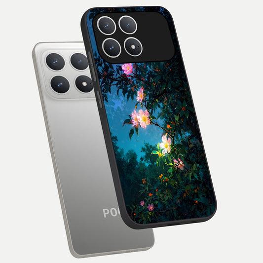  Midnight Bloom Glow phone case For Poco F8 Pro showing premium glass back cover with detailed artwork